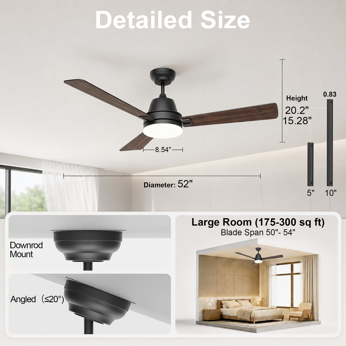 52-Inch Downrod Mount 3-Blade Ceiling Fan with Light and Remote Control