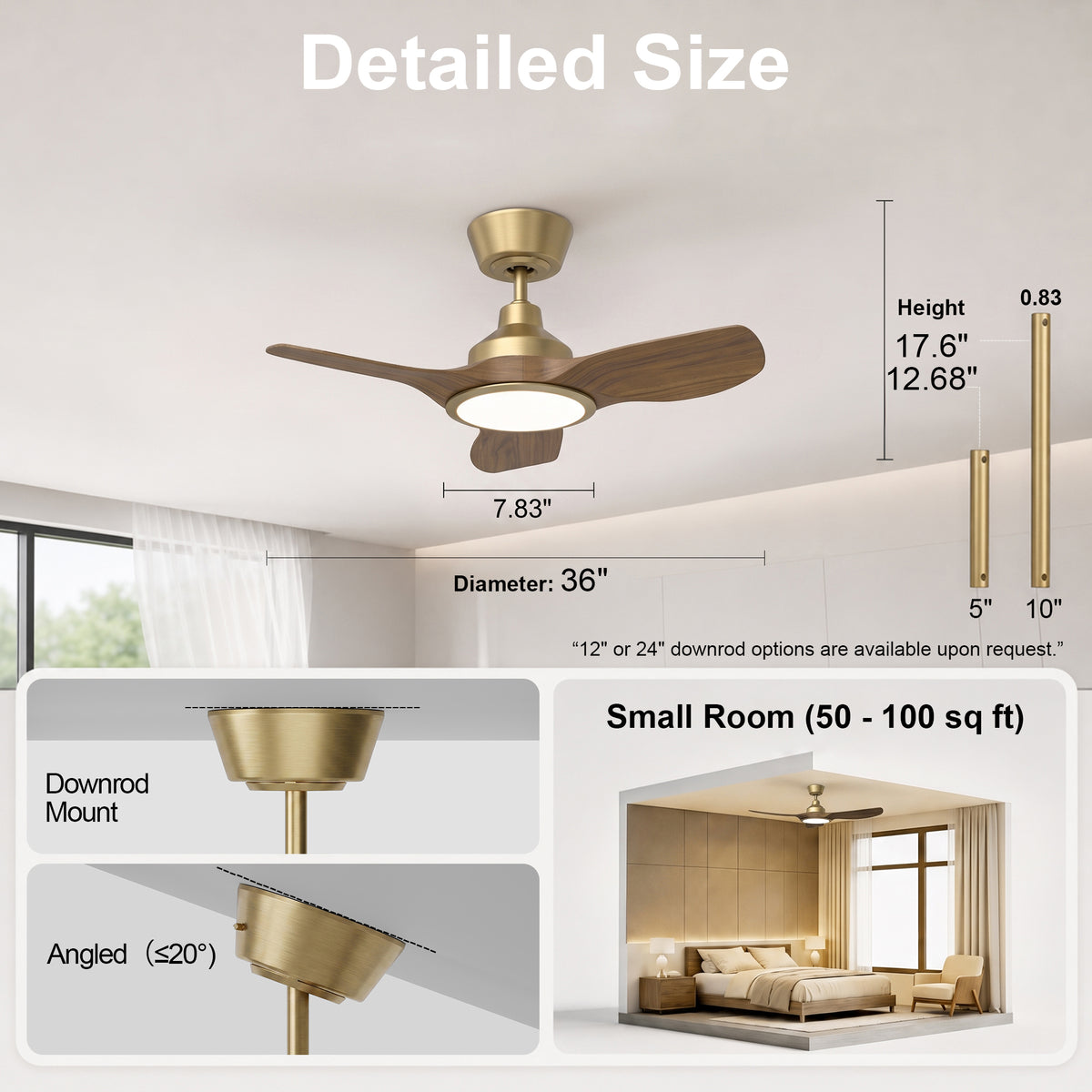 36-Inch Downrod Mount 3-Blade Ceiling Fan with Light and Remote Control