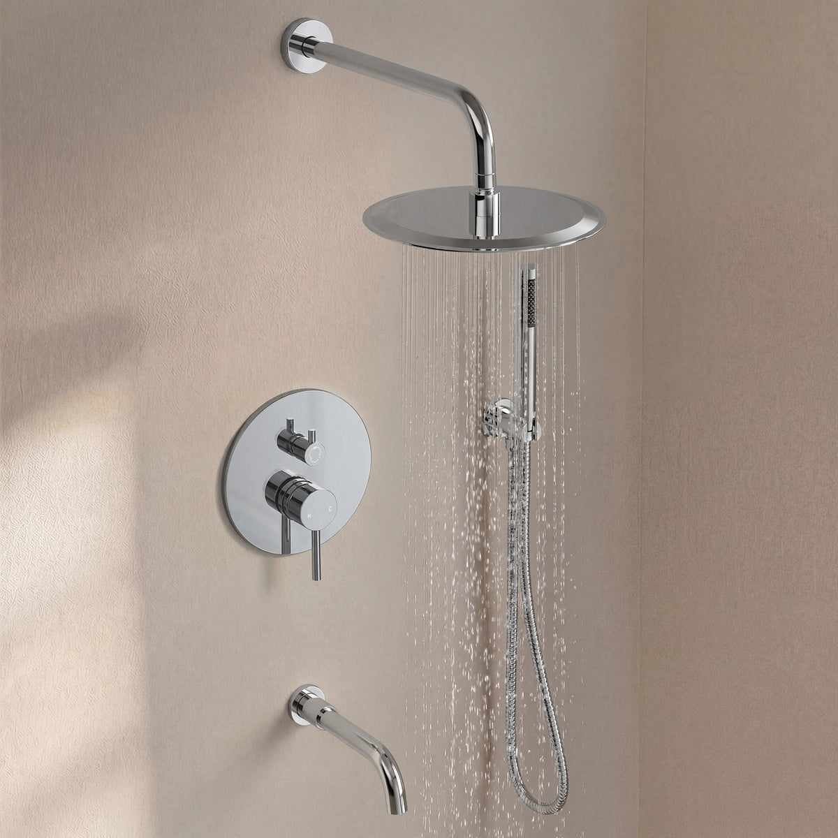 Round Wall-Mounted Rain Shower System with Handheld and Tub Spout