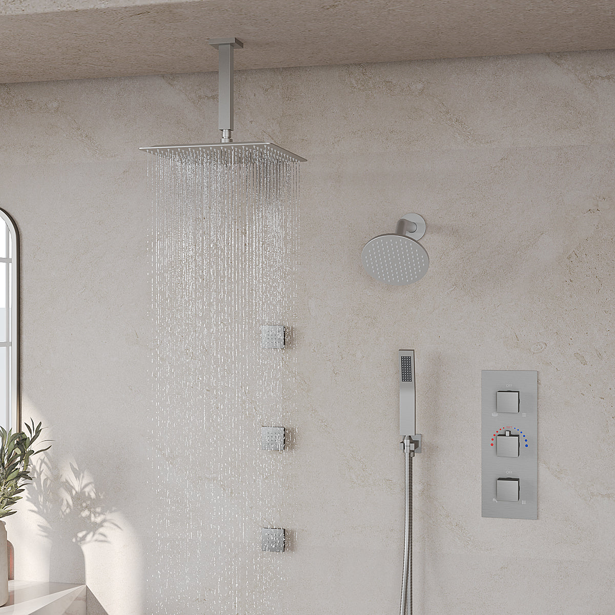Ceiling-Mounted Multi-Spray Shower System with Adjustable Secondary Head