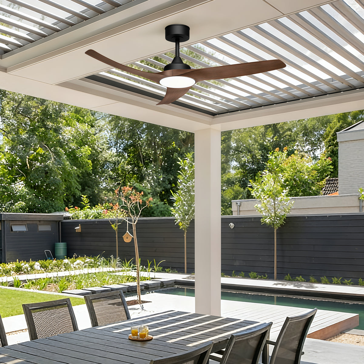 52-Inch Downrod Mount 3-Blade Indoor Outdoor Ceiling Fan with Light and Remote