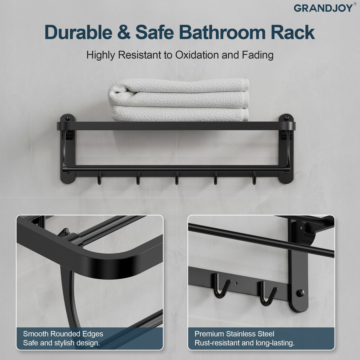Foldable Wall-Mounted Towel Rack with Shelf and Five Hooks