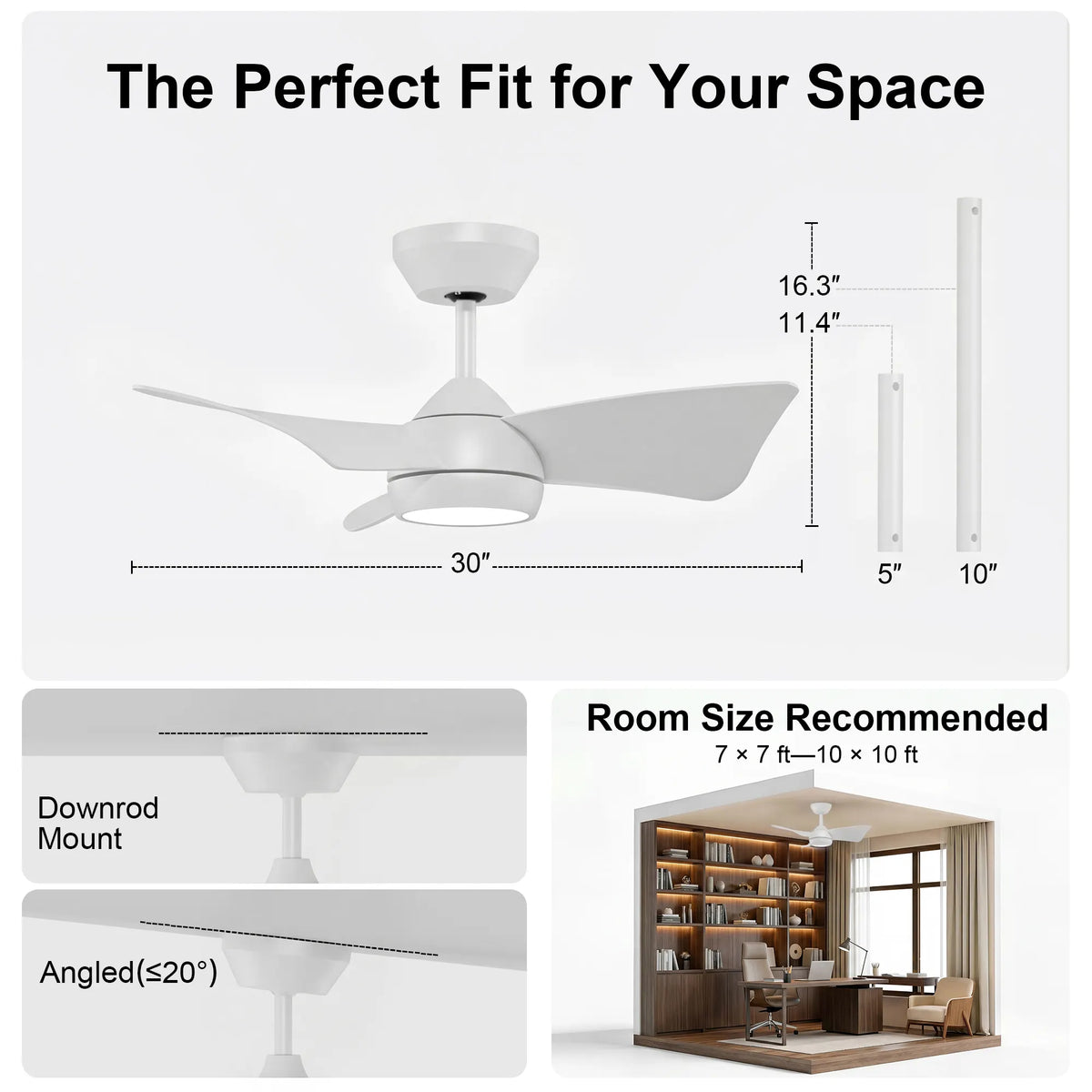 30-Inch Downrod Mount 3-Blade Ceiling Fan with Light and Remote Control