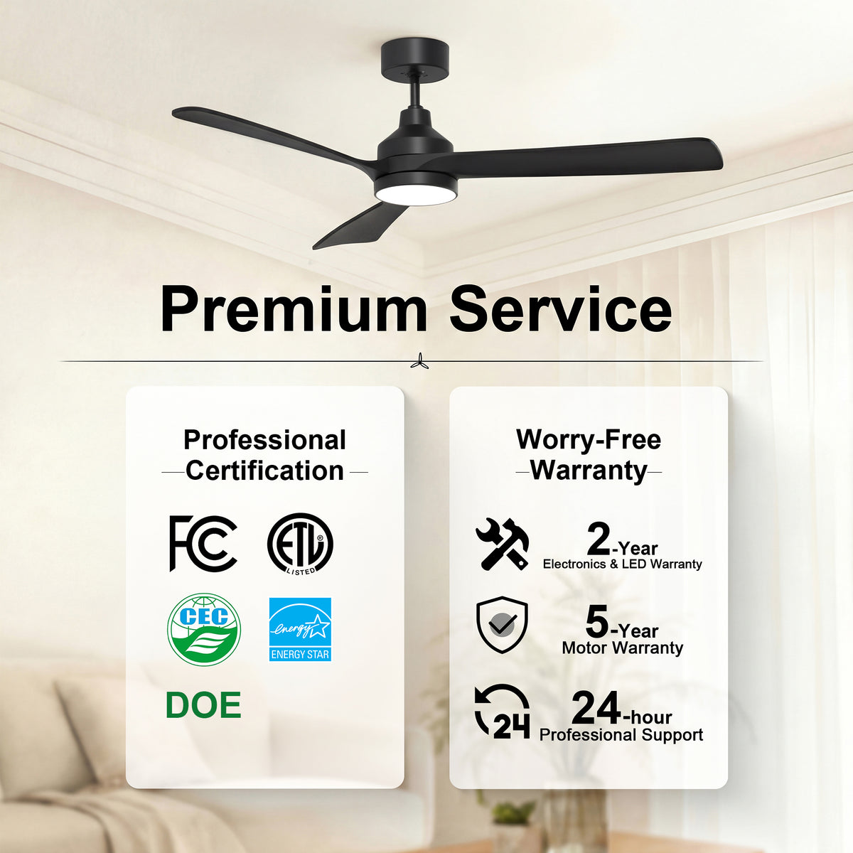 52-Inch Downrod Mount 3-Blade Ceiling Fan with Light and Remote Control