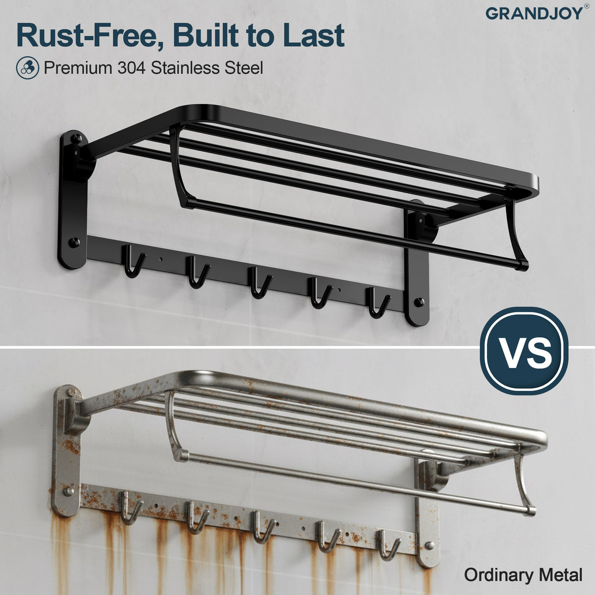 Foldable Wall-Mounted Towel Rack with Shelf and Five Hooks