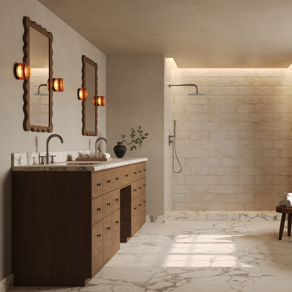 Round Wall-Mounted Shower System with Rainfall Head and Handheld