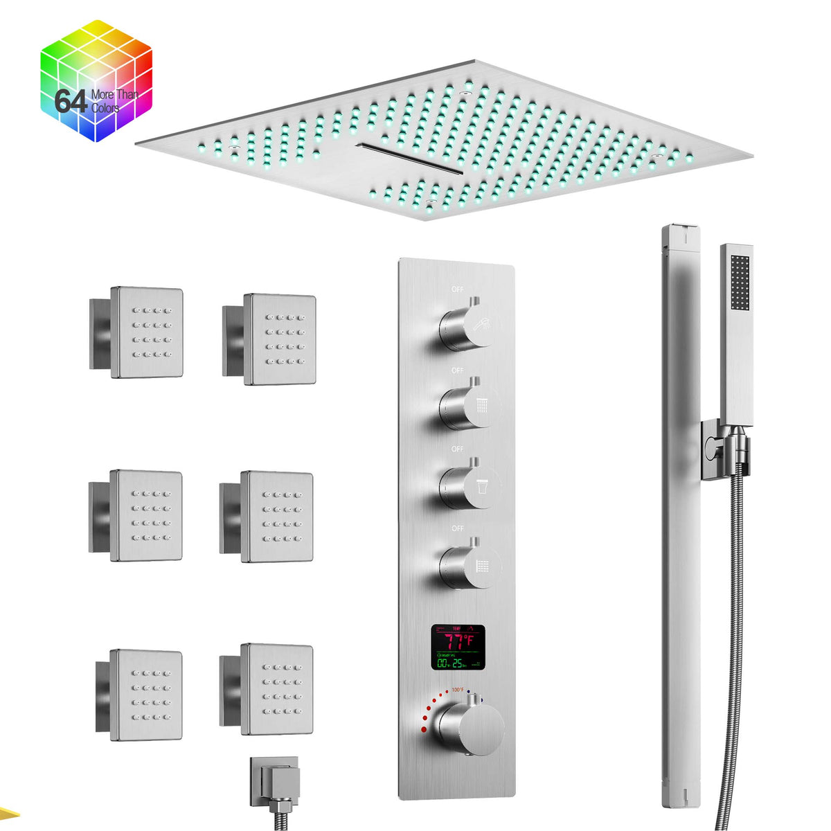 LED Ceiling-Mounted Thermostatic Shower System with Body Jets