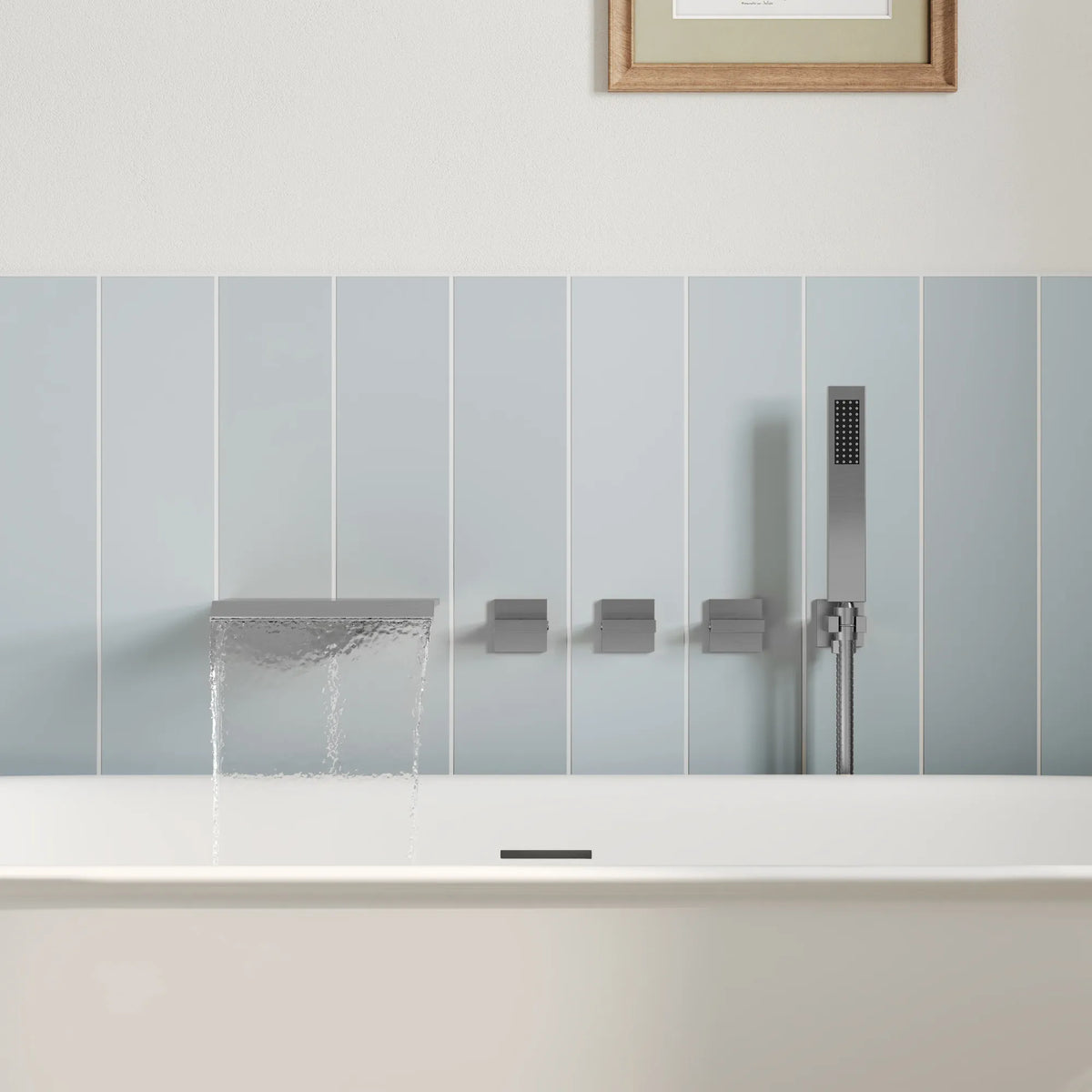 Wall-Mounted Floor-Mounted bathtub with Three Handles and Hand Shower