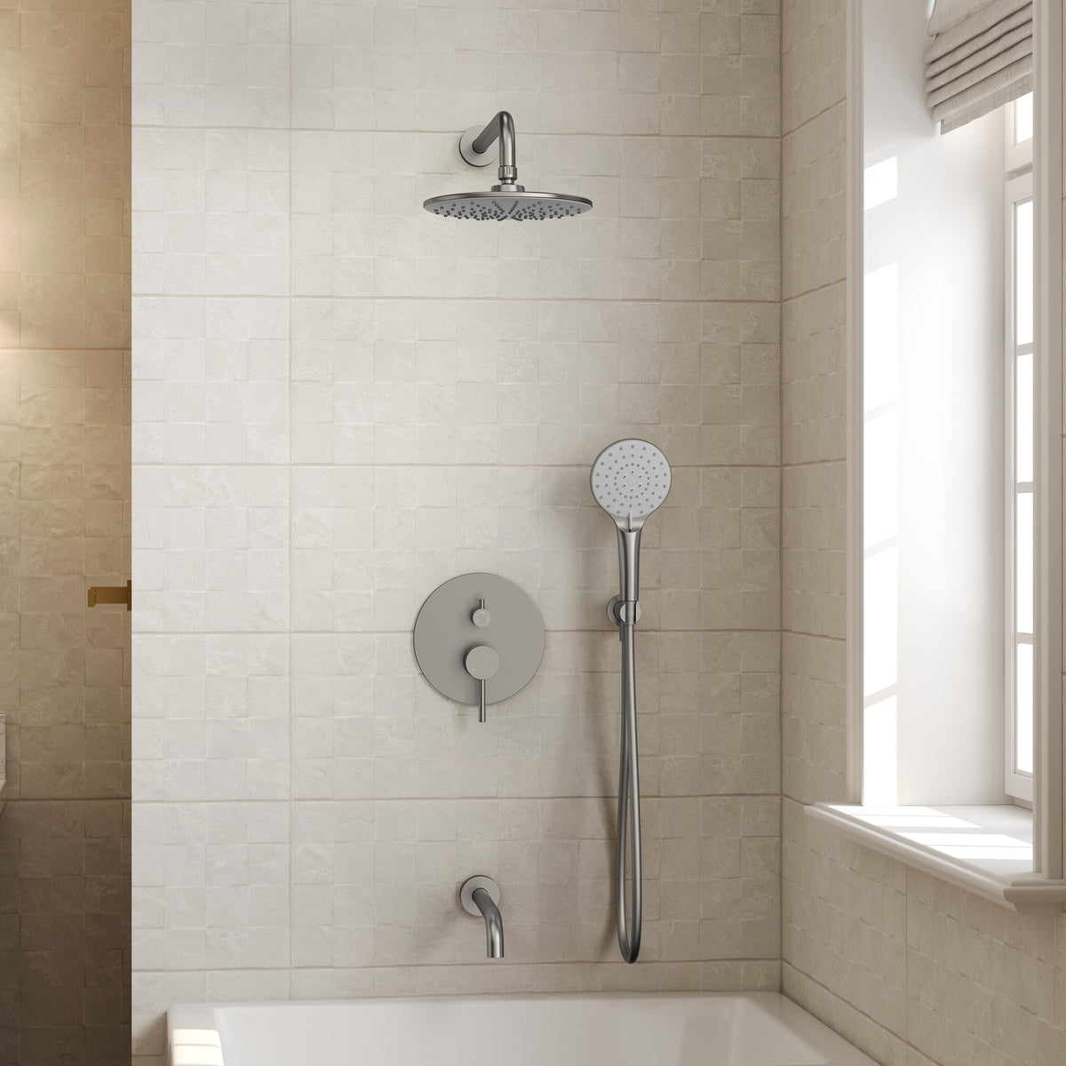 Round Wall-Mounted Shower System with Handheld and Tub Spout
