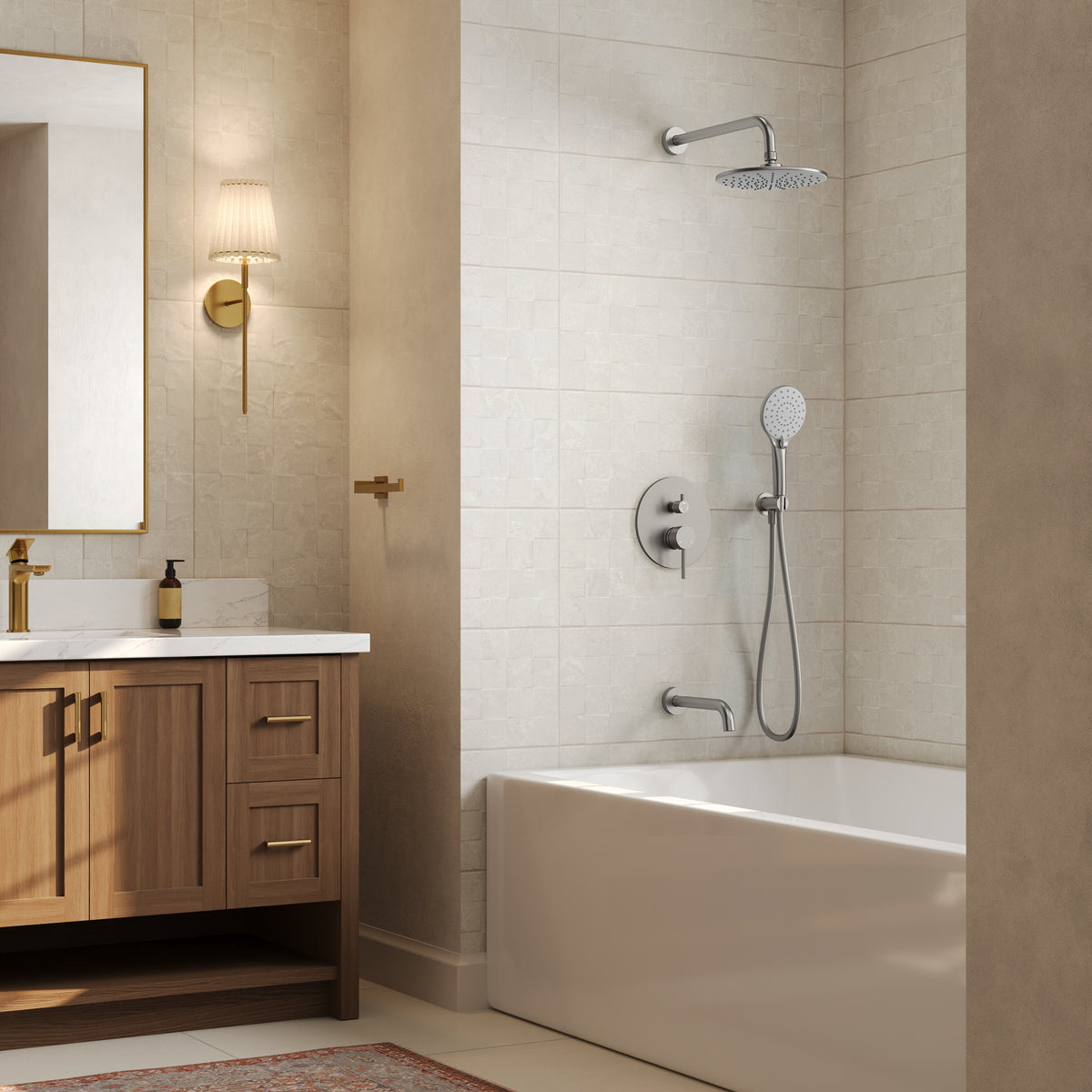 Round Wall-Mounted Shower System with Handheld and Tub Spout