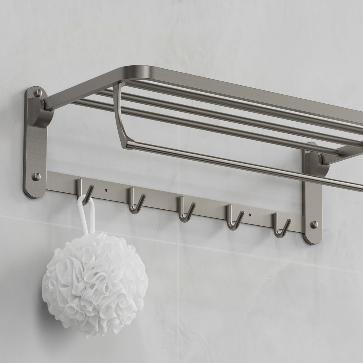 Foldable Wall-Mounted Towel Rack with Shelf and Five Hooks