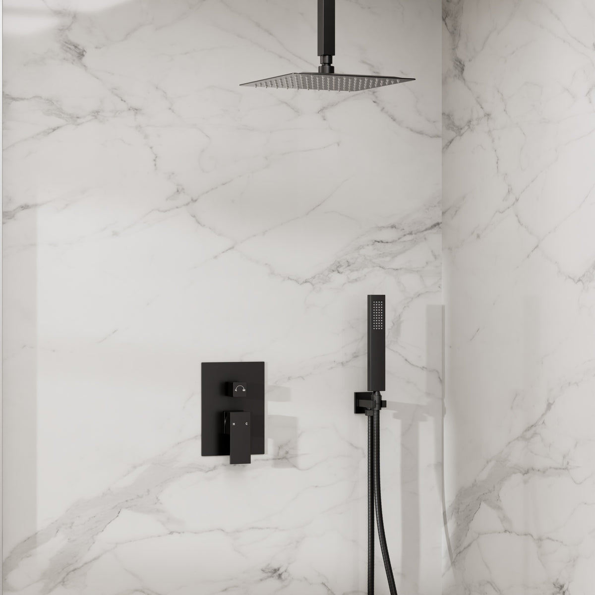 Ceiling-Mounted Rain Shower System with Adjustable Handheld Spray