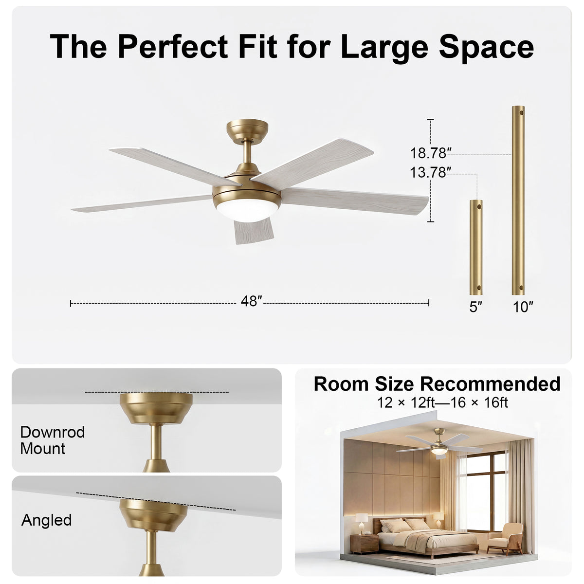 48-Inch Downrod Mount 5-Blade Ceiling Fan with Light and Smart Control