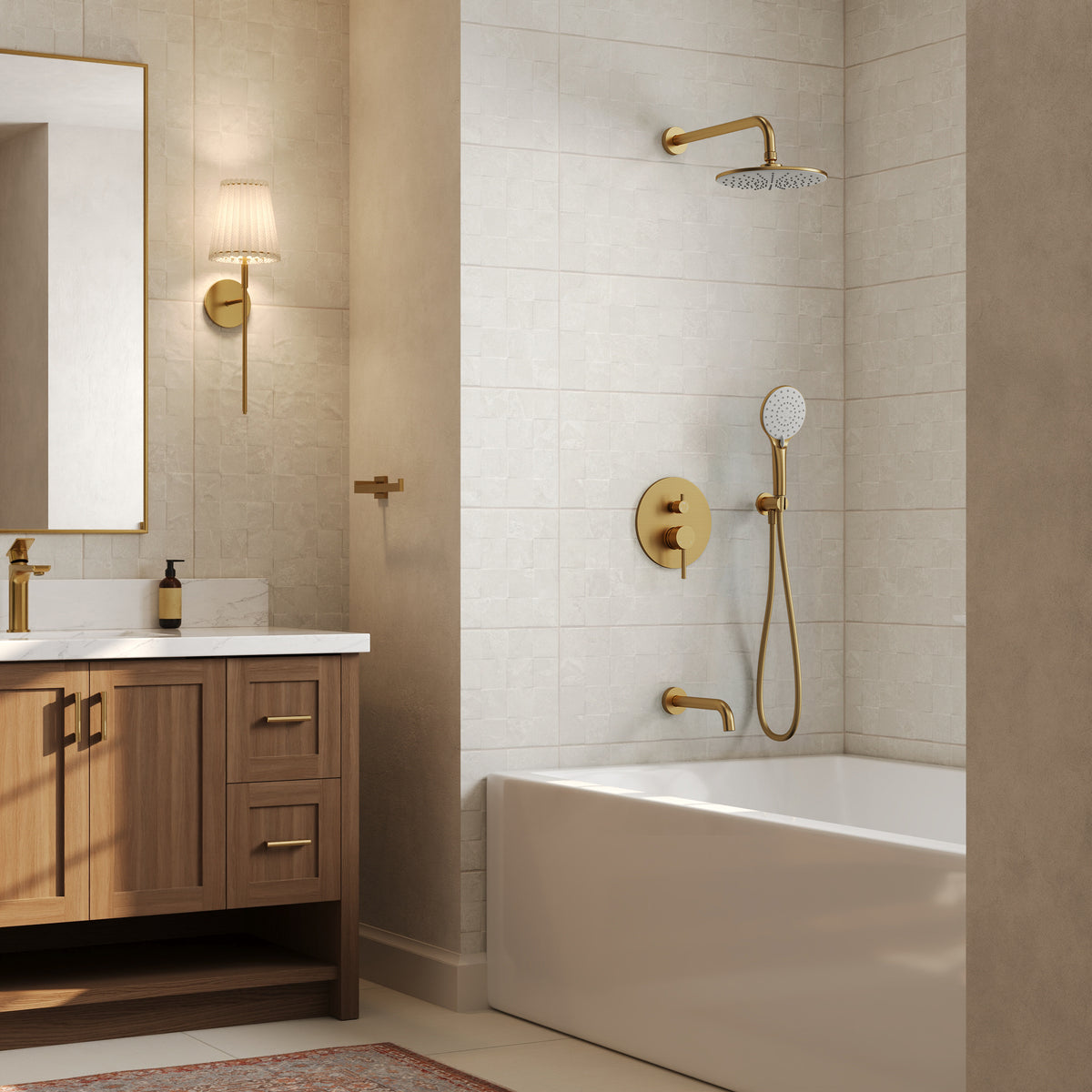 Round Wall-Mounted Shower System with Handheld and Tub Spout