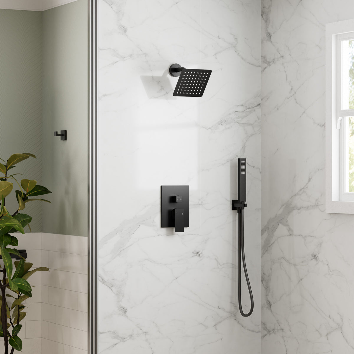 Square Wall-Mounted Shower System with Adjustable Handheld Spray
