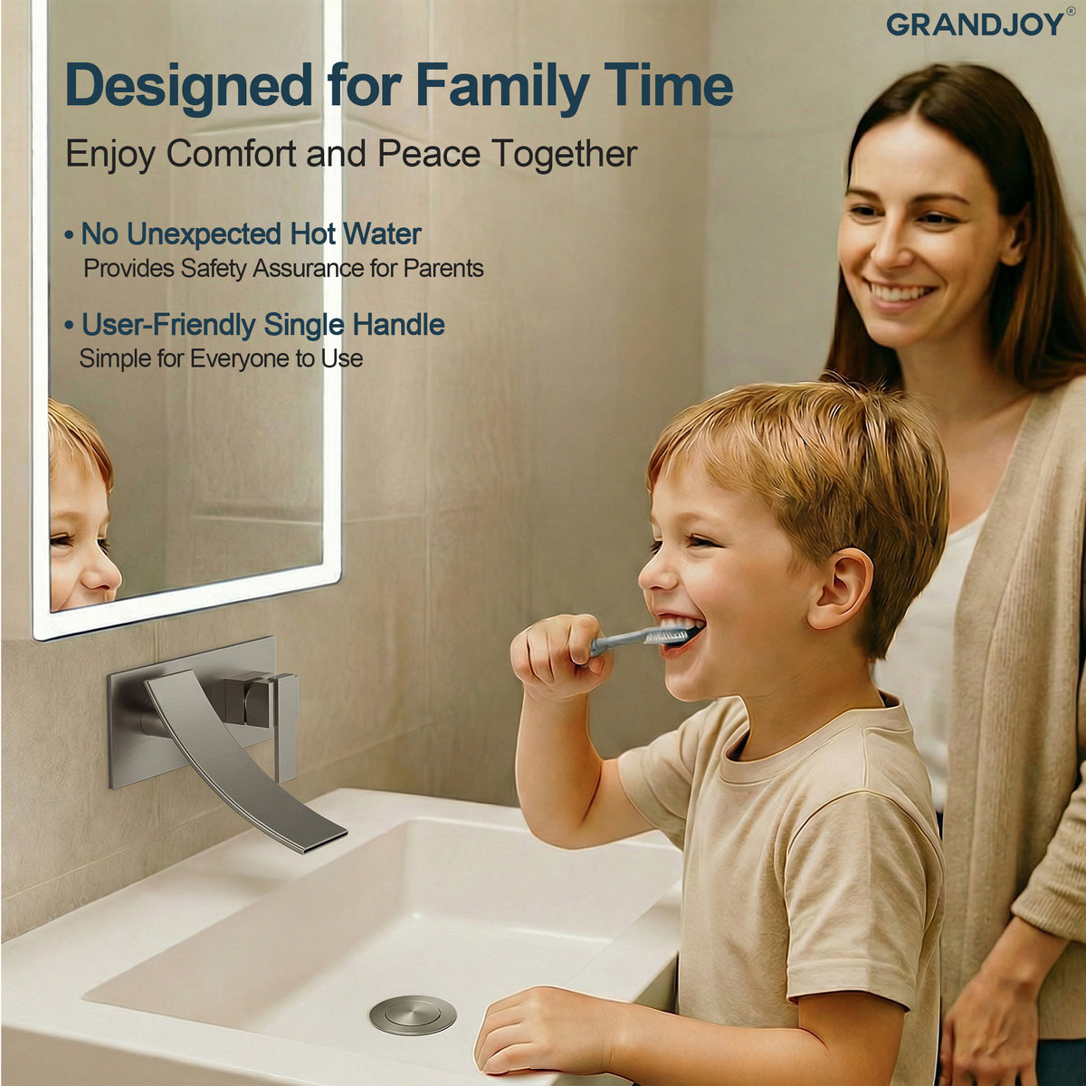 Single-Handle Wall-Mount Bathroom Sink Faucet With Waterfall Spout And Pop-Up Drain