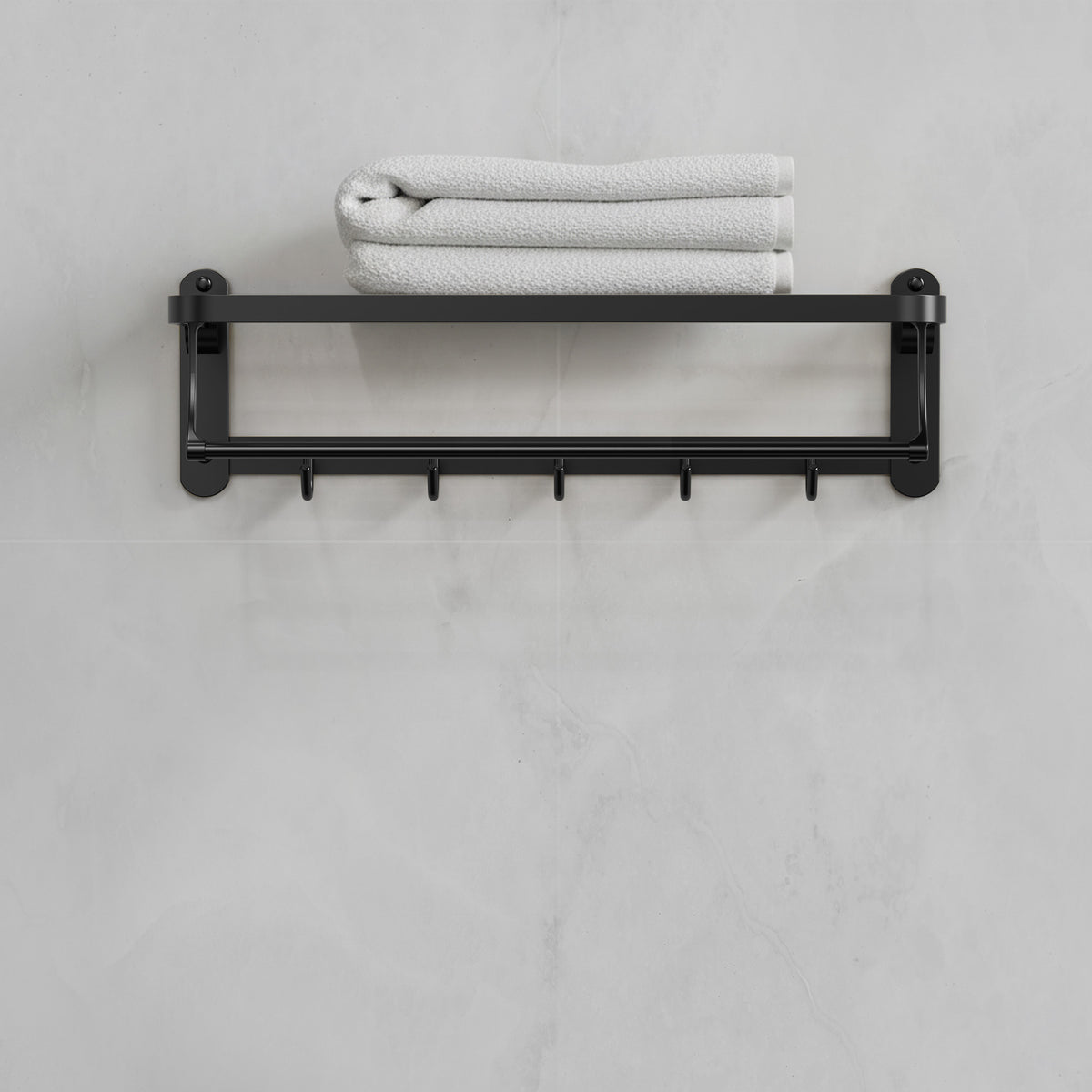 Foldable Wall-Mounted Towel Rack with Shelf and Five Hooks