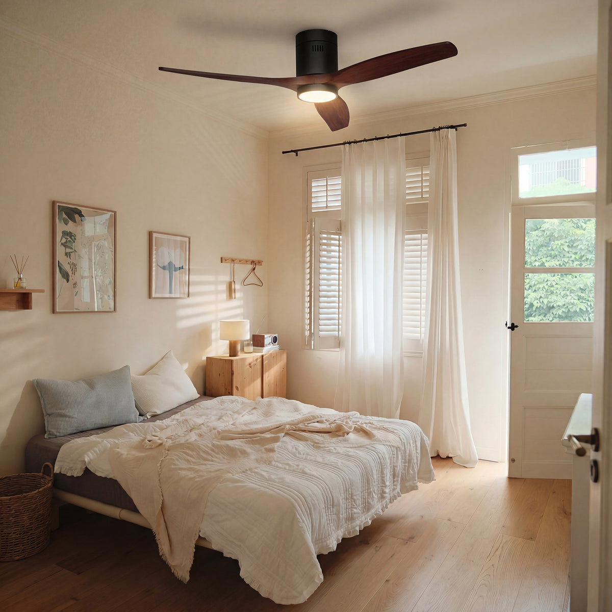 52-Inch Flush-Mount 3-Blade Ceiling Fan with Light, Wall Control and Remote