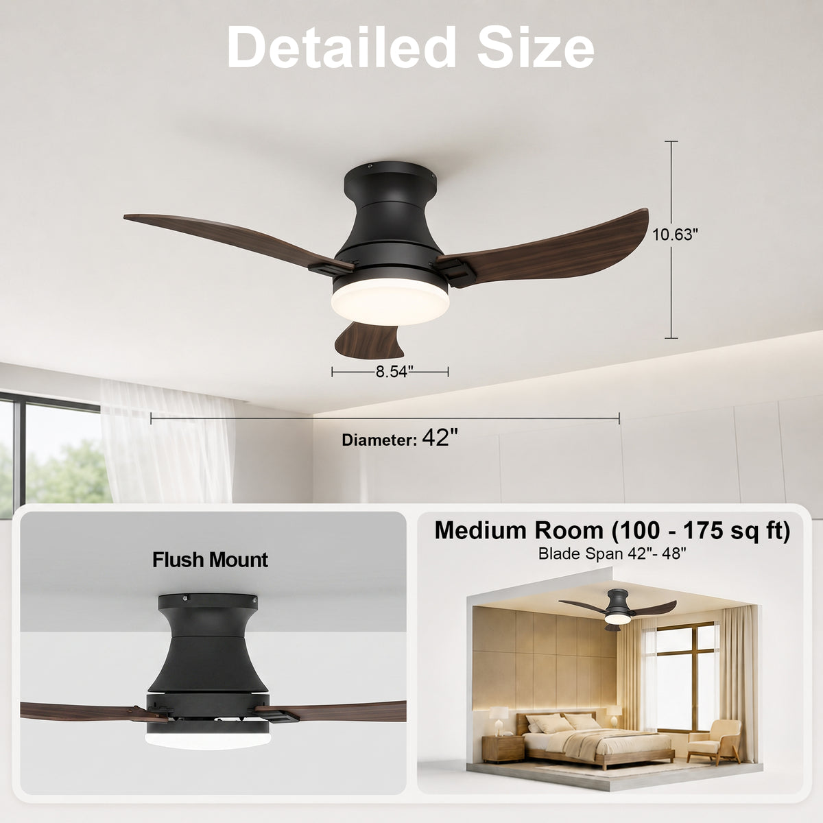 42-Inch Flush Mount 3-Blade Ceiling Fan with Light and Remote Control