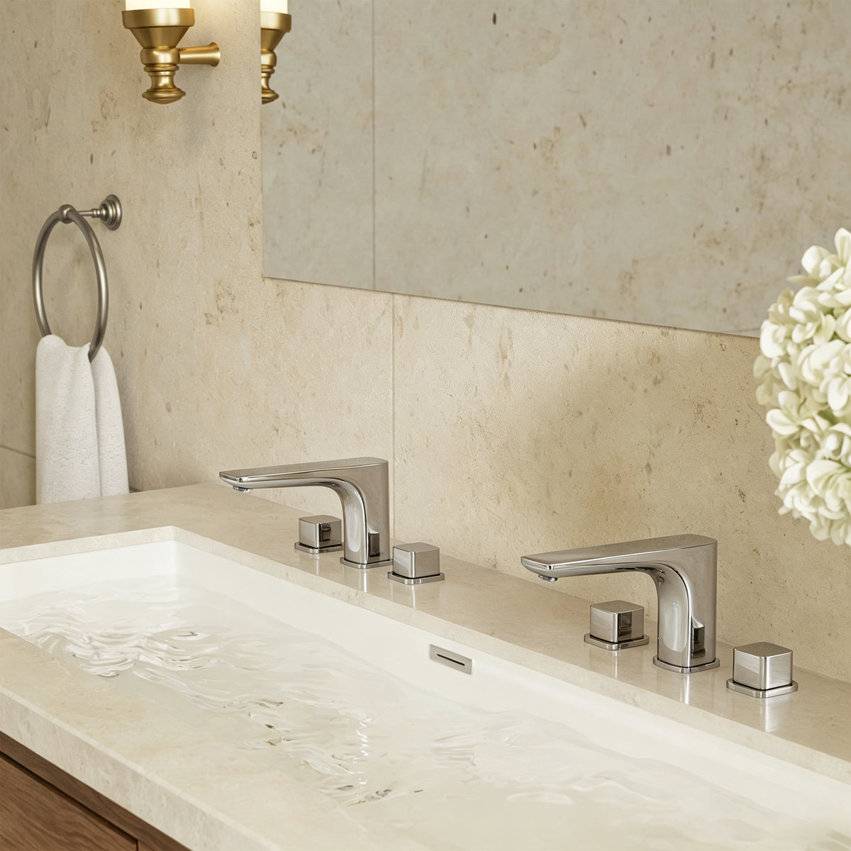 Two-Handle Low Arc Widespread Bathroom Sink Faucet With Pop-Up Drain