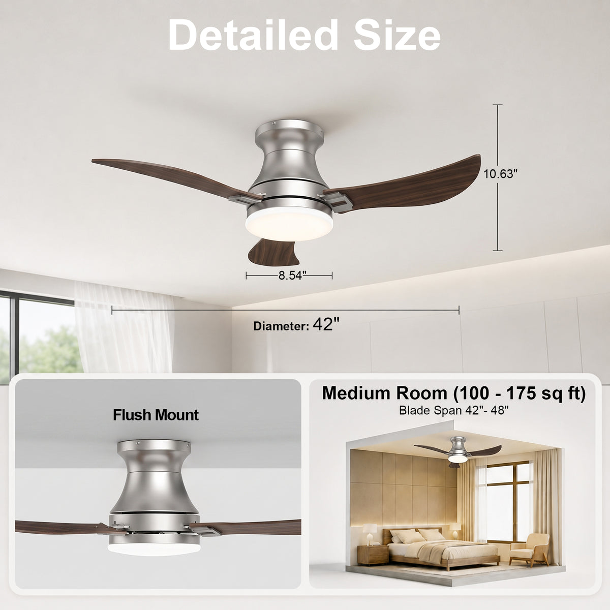 42-Inch Flush Mount 3-Blade Ceiling Fan with Light and Remote Control
