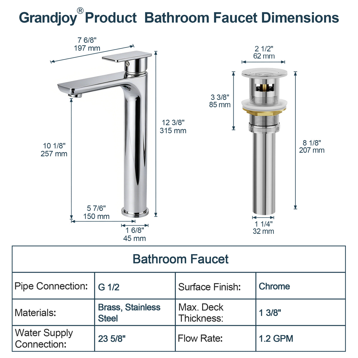 Single-Handle Vessel Bathroom Sink Faucet With Pop-Up Drain