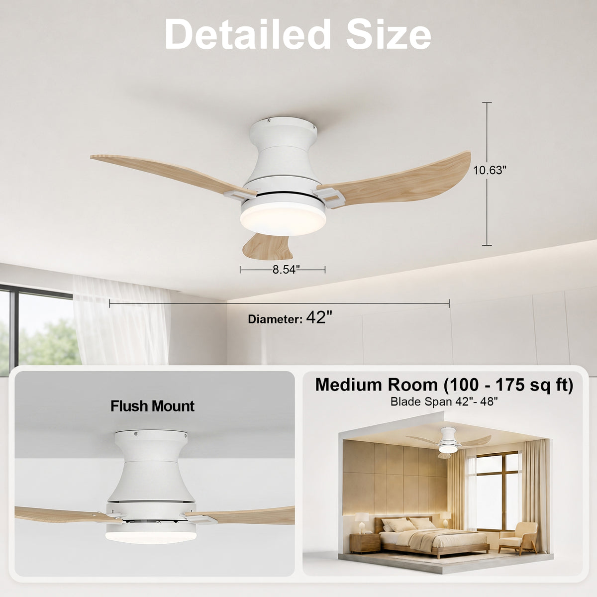 42-Inch Flush Mount 3-Blade Ceiling Fan with Light and Remote Control