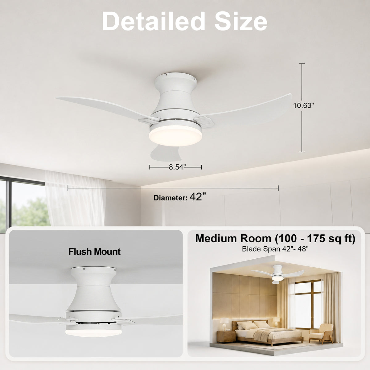 42-Inch Flush Mount 3-Blade Ceiling Fan with Light and Remote Control