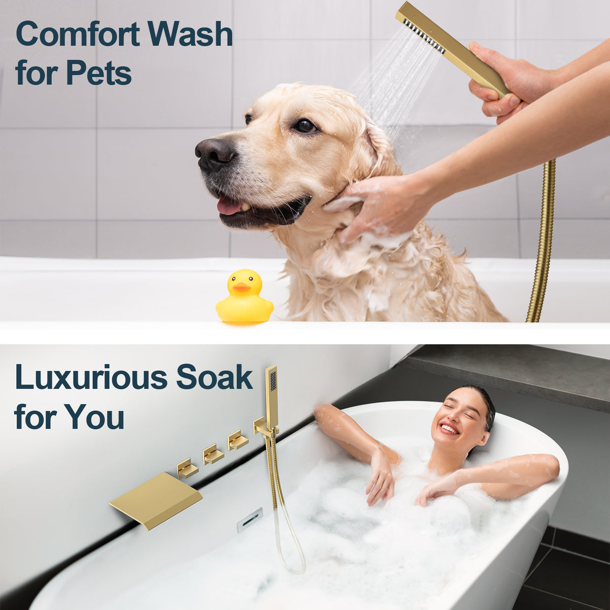 Wall-Mounted Floor-Mounted bathtub with Three Handles and Hand Shower