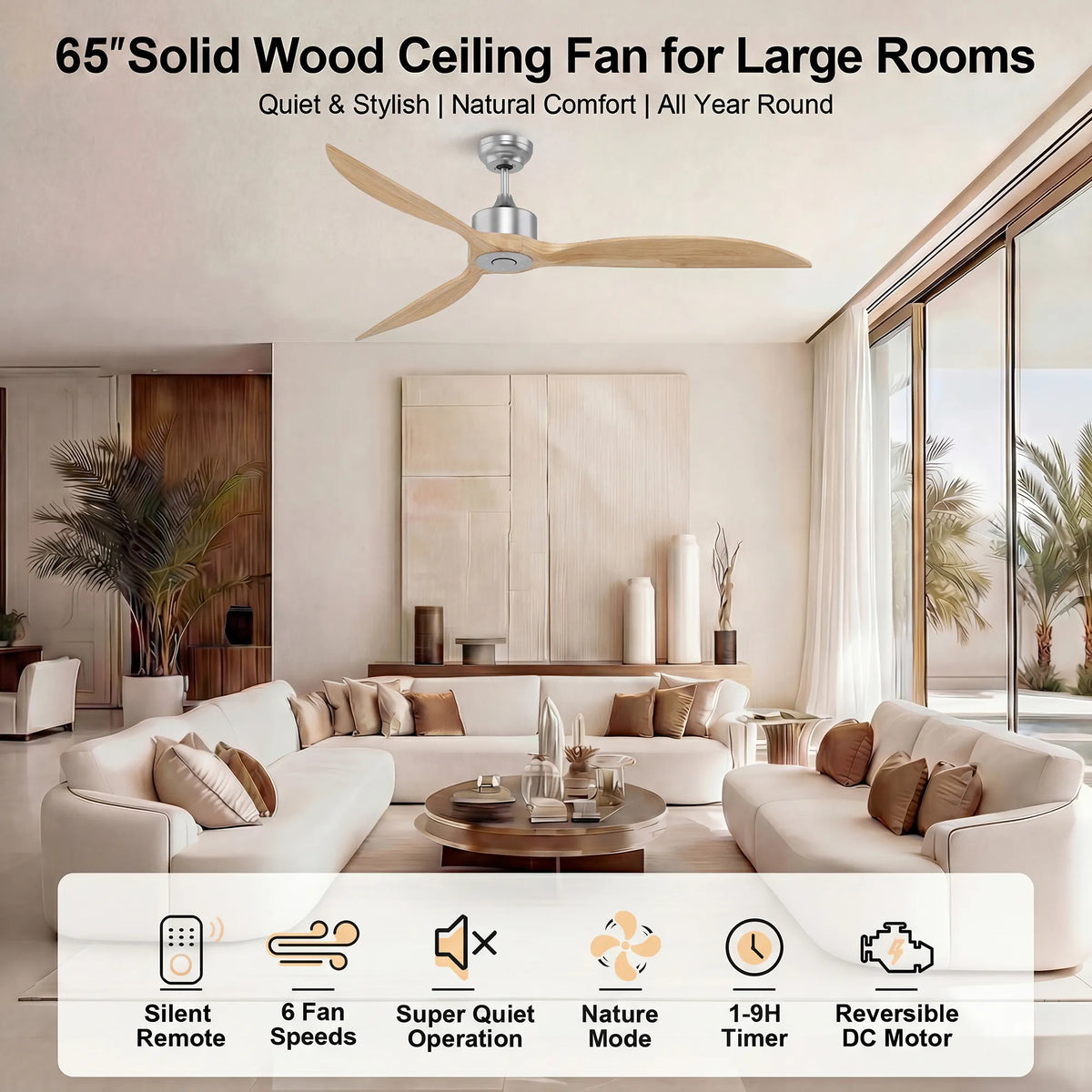 65-Inch Downrod Mount 3-Blade Ceiling Fan without Light