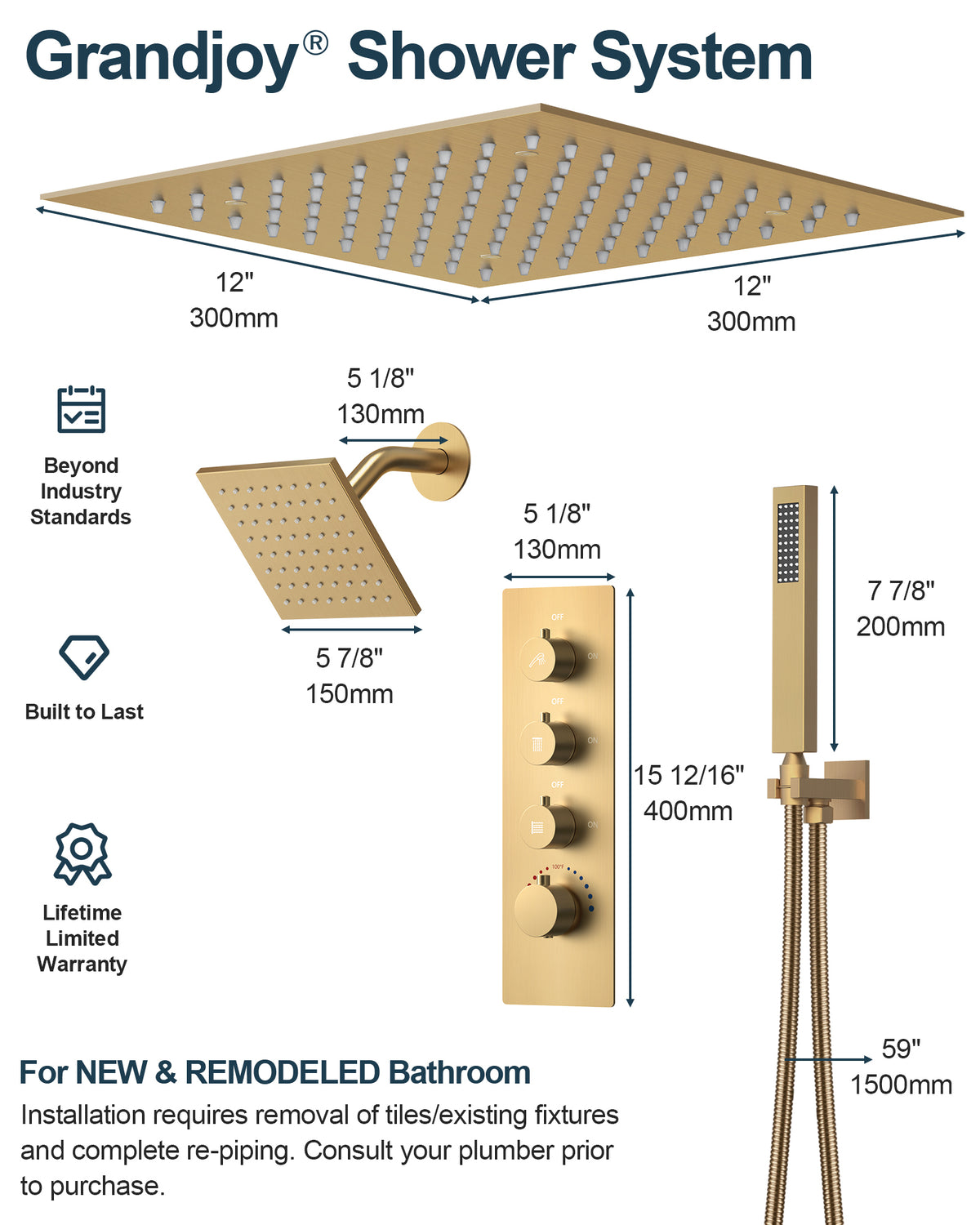 LED Ceiling-Mounted Thermostatic Dual Shower System with Handheld