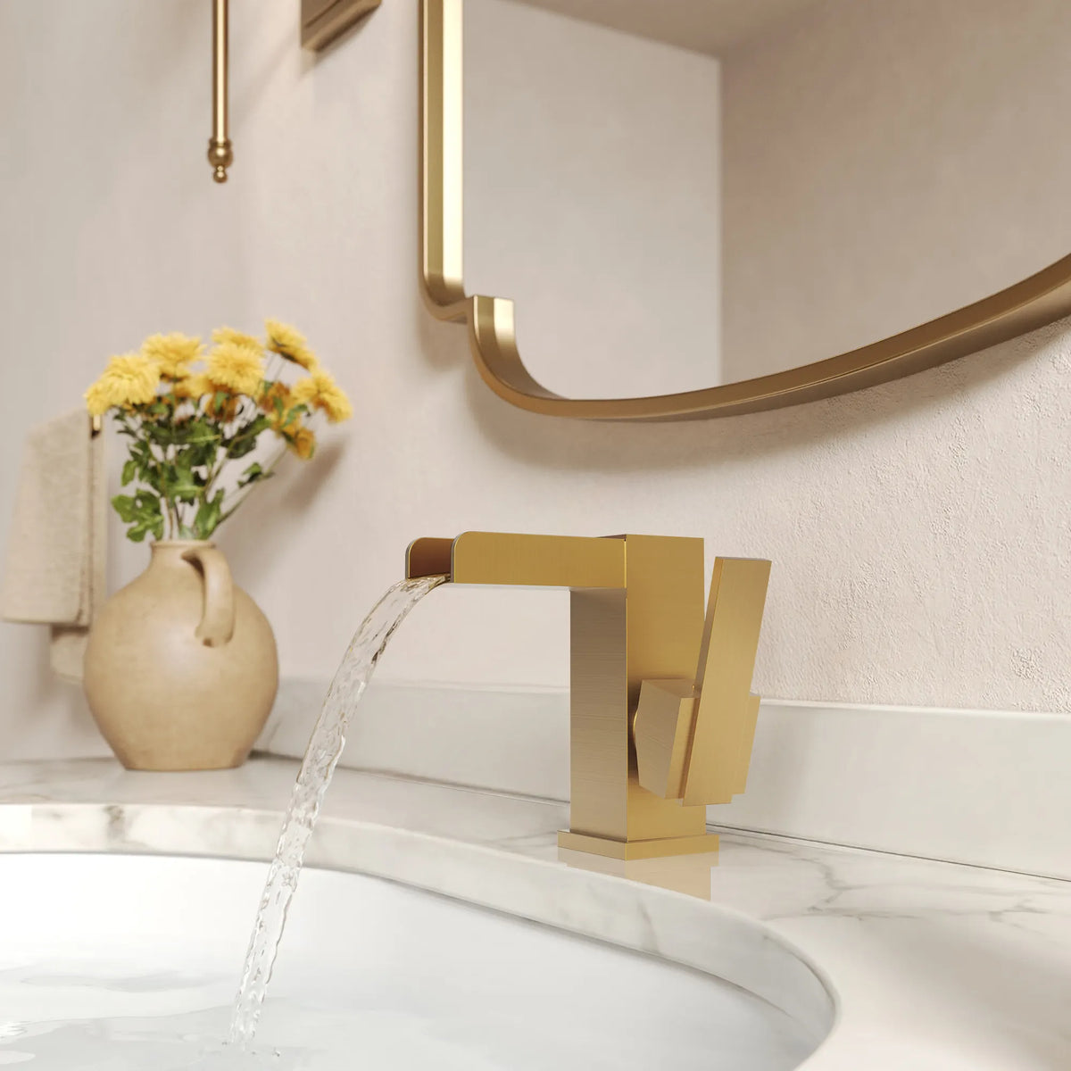 Single-Handle LED Waterfall Bathroom Sink Faucet With Pop-Up Drain