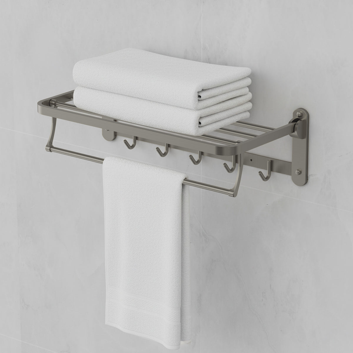 Foldable Wall-Mounted Towel Rack with Shelf and Five Hooks