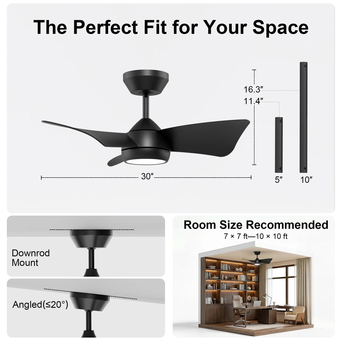 30-Inch Downrod Mount 3-Blade Ceiling Fan with Light and Remote Control
