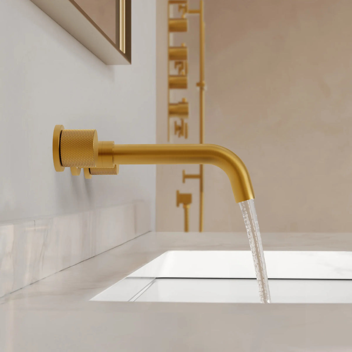Two-Handle Wall-Mount Bathroom Sink Faucet With Pop-Up Drain