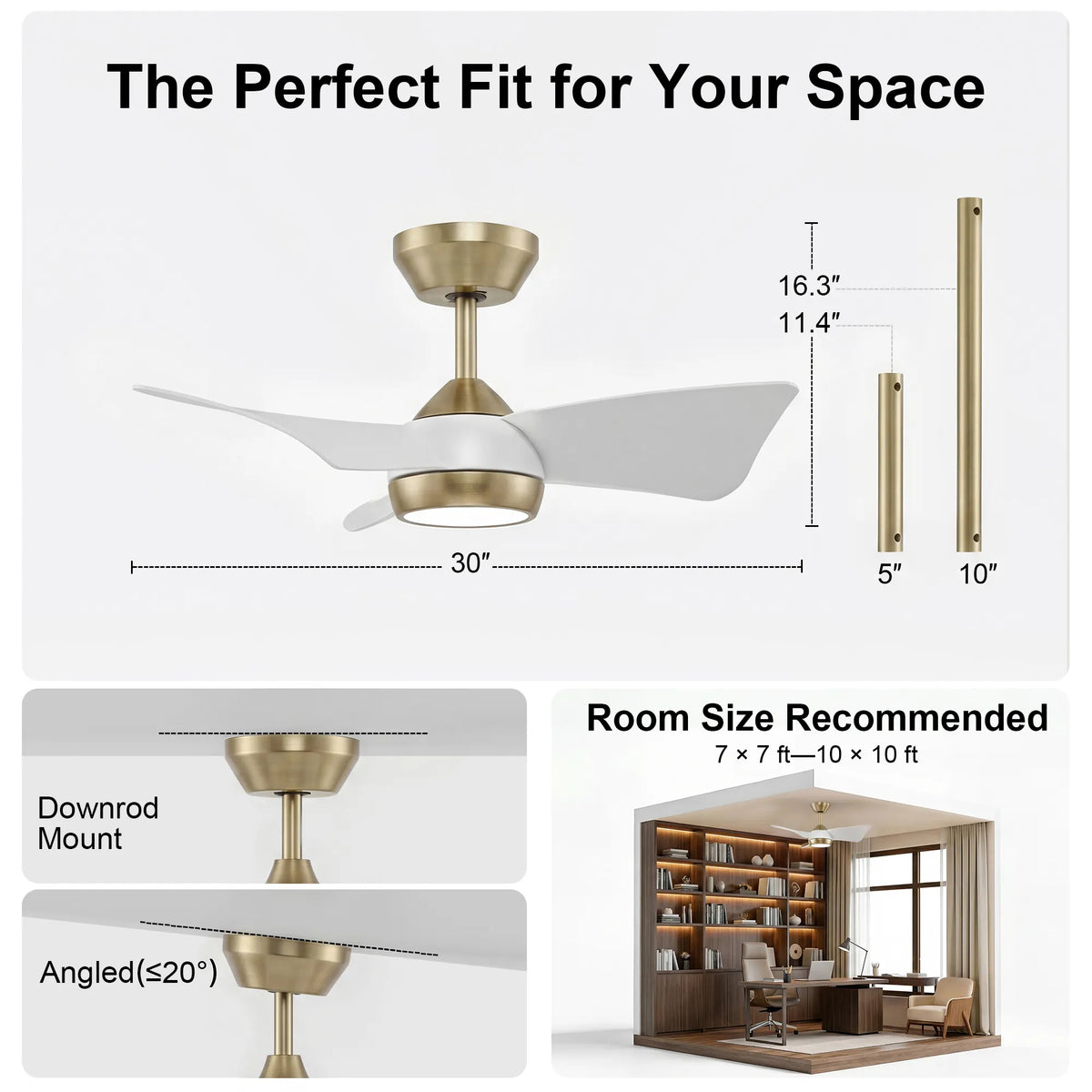 30-Inch Downrod Mount 3-Blade Ceiling Fan with Light and Remote Control