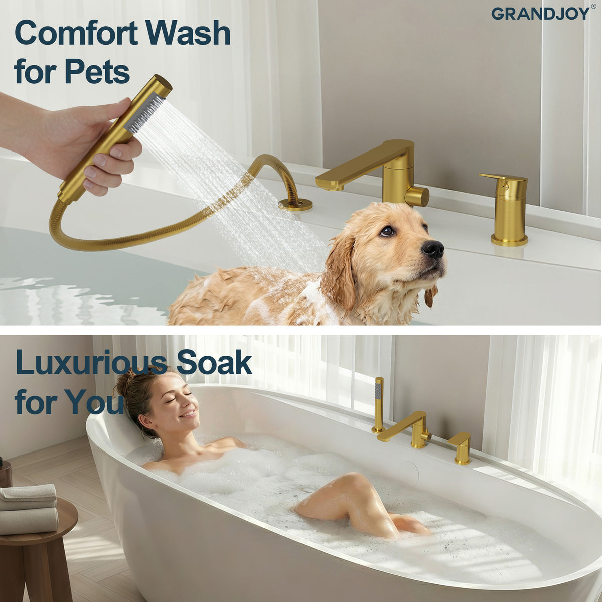 Low-Arc Deck-Mounted Bathtub Faucet with Hand Shower and Swivel Spout