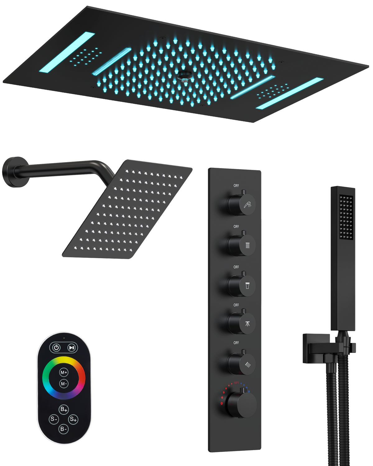 LED Bluetooth Ceiling-Mounted Thermostatic Shower System with Dual Heads