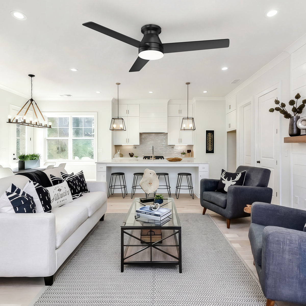 52-Inch Flush Mount 3-Blade Ceiling Fan with Light and Remote Control
