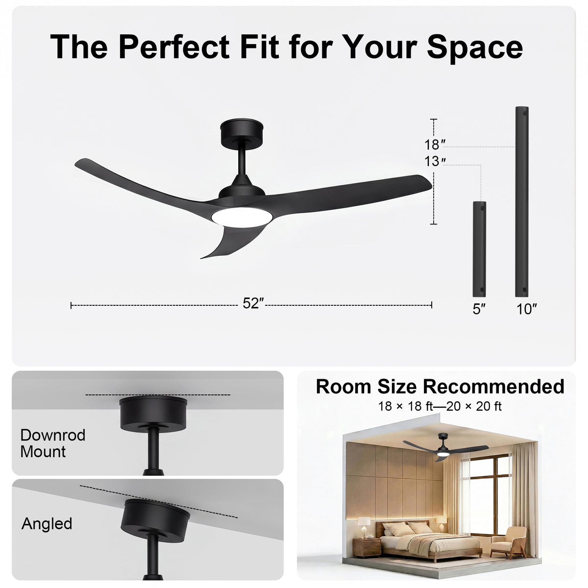 52-Inch Downrod Mount 3-Blade Indoor Outdoor Ceiling Fan with Light and Remote