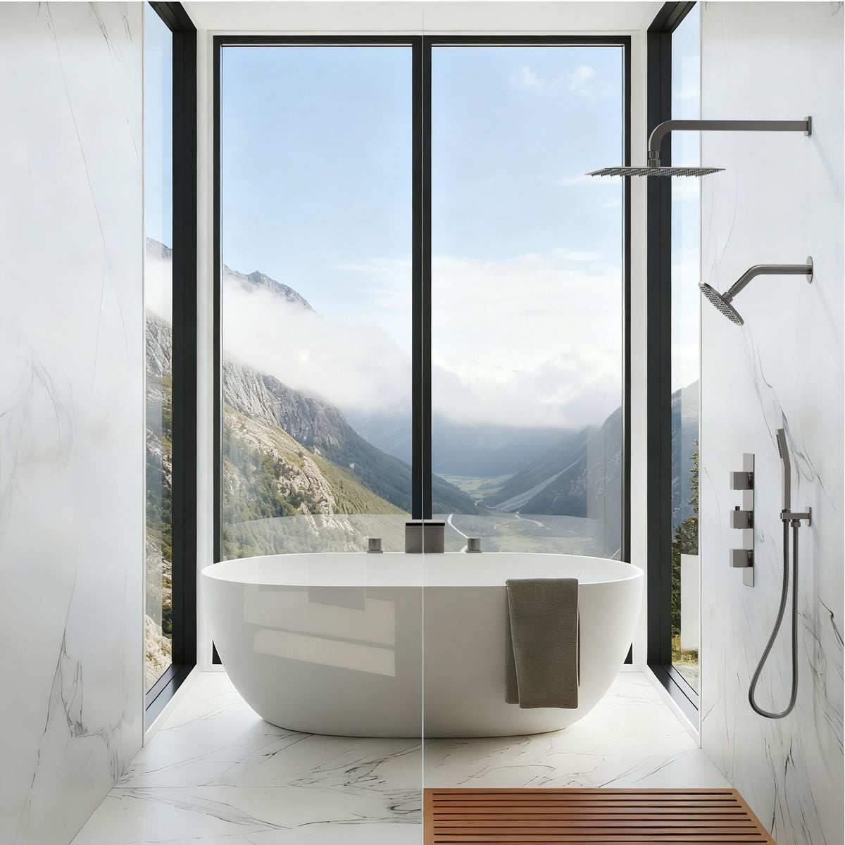 Wall-Mounted Thermostatic Dual Rainfall Shower System with Handheld Spray