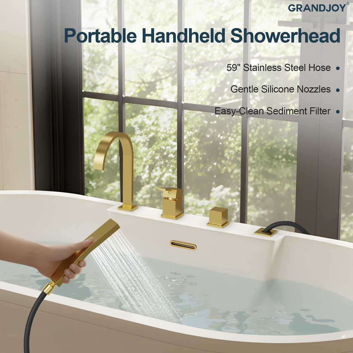 Deck-Mounted Waterfall Bathtub Faucet with Dual Handles and Hand Shower