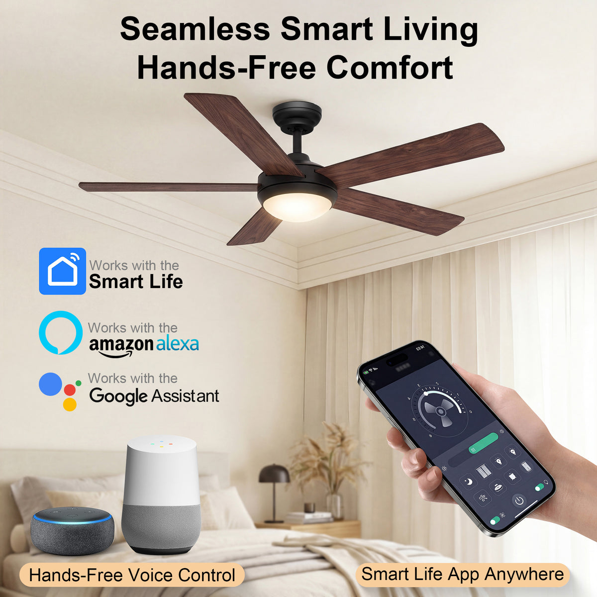 48-Inch Downrod Mount 5-Blade Ceiling Fan with Light and Smart Control