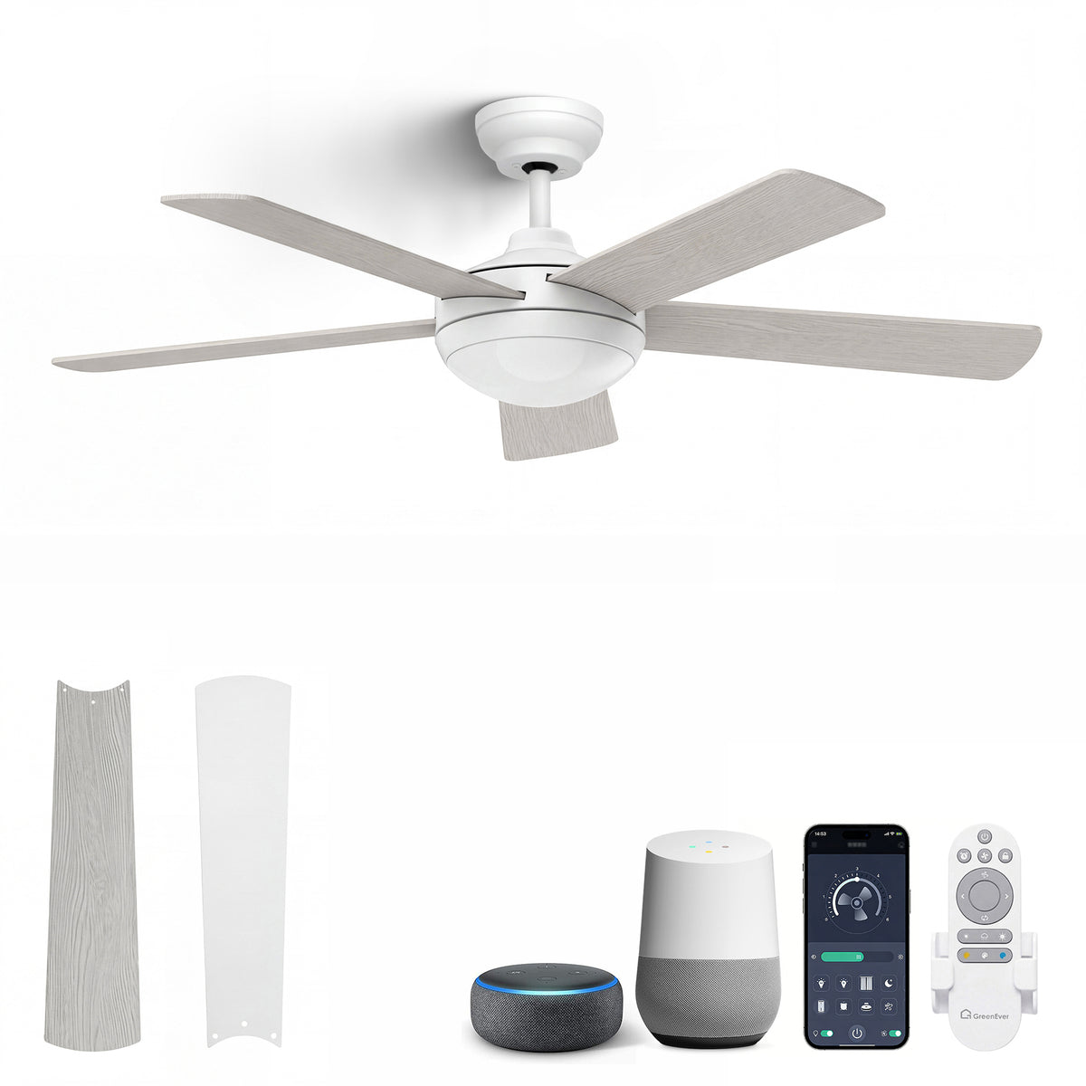 48-Inch Downrod Mount 5-Blade Ceiling Fan with Light and Smart Control