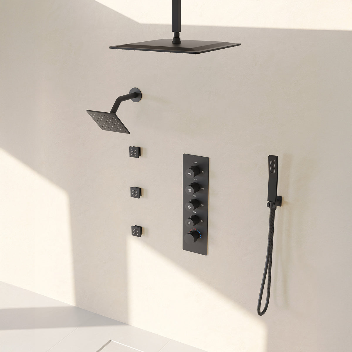 Ceiling-Mounted Multi-Spray Shower System with Secondary Wall Head