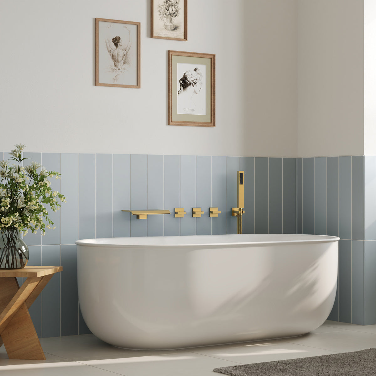 Wall-Mounted Floor-Mounted bathtub with Three Handles and Hand Shower