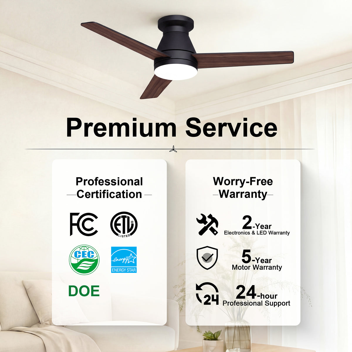 52-Inch Flush Mount 3-Blade Ceiling Fan with Light and Remote Control