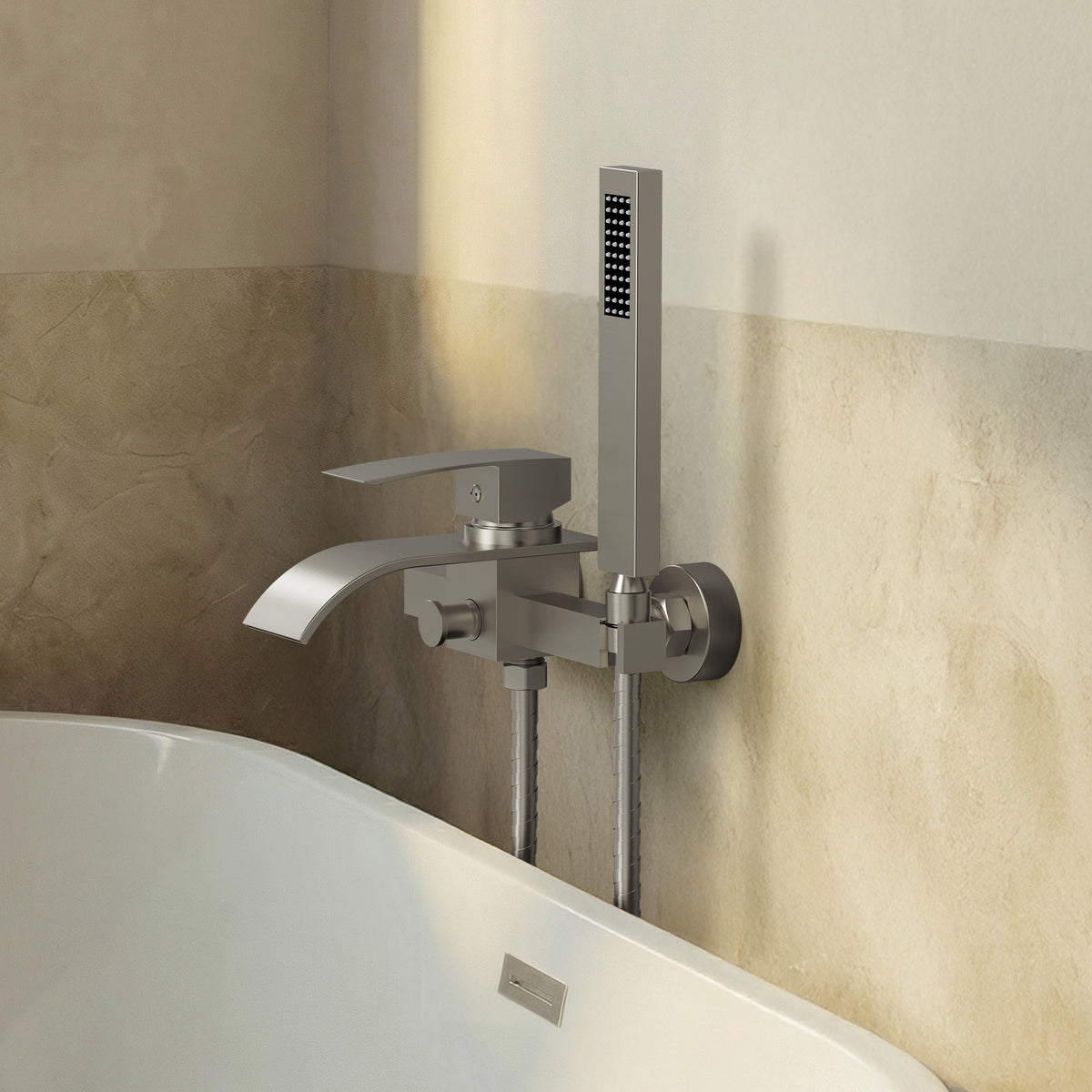 Wall-Mounted Waterfall Bathtub Faucet with Hand Shower and Single Handle