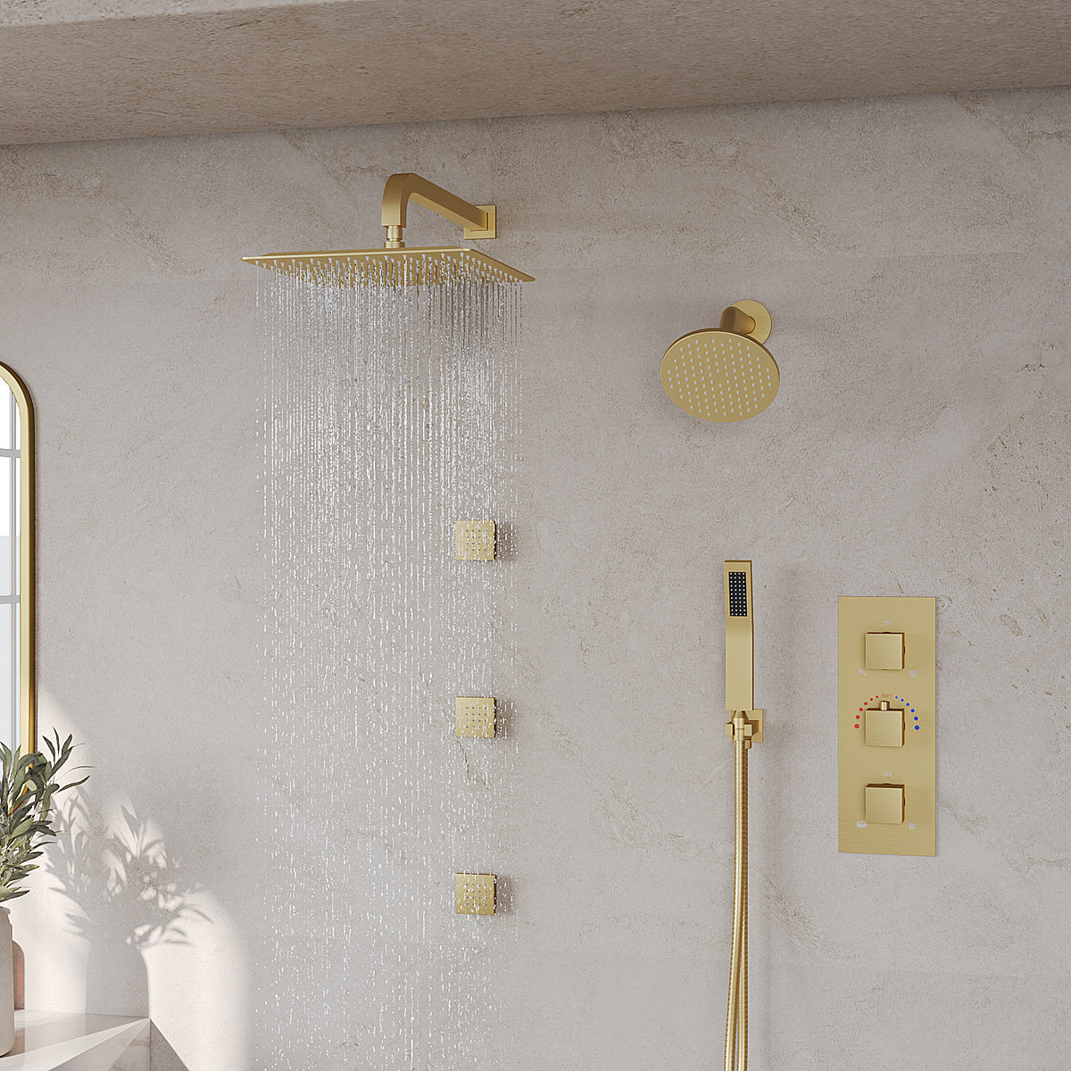 Wall-Mounted Thermostatic Dual Shower System with Six Body Jets
