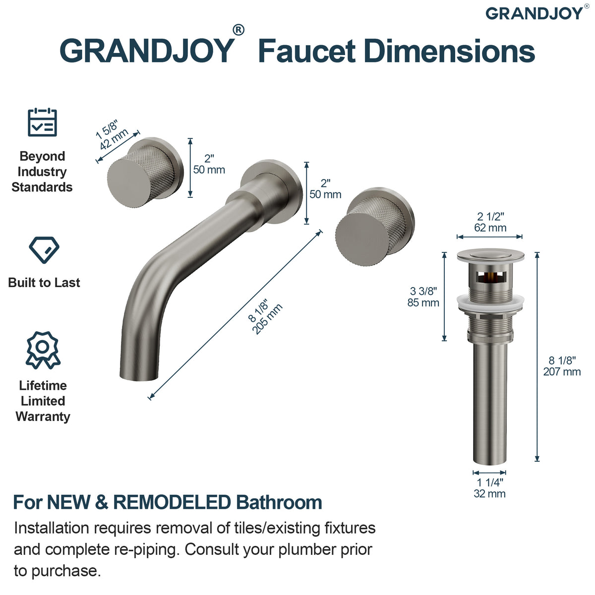 Two-Handle Wall-Mount Bathroom Sink Faucet With Pop-Up Drain